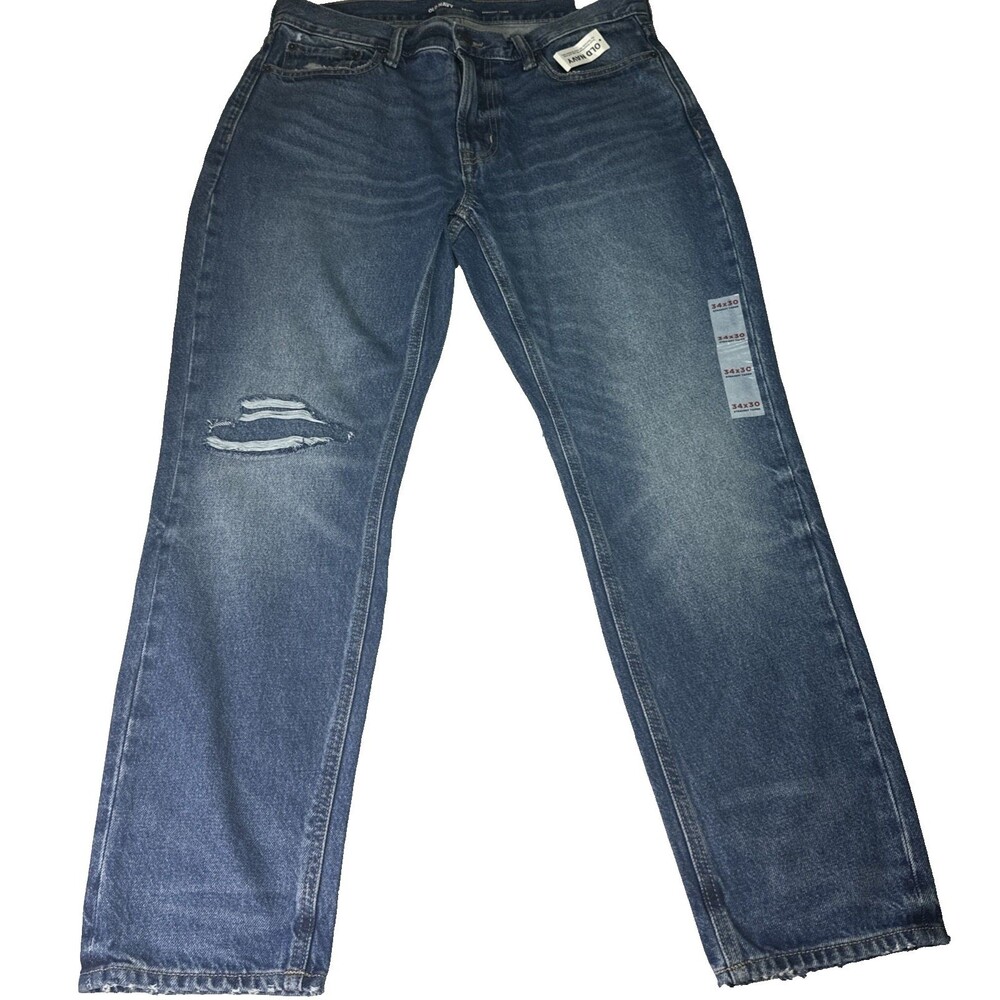Old Navy Medium Distressed Denim Straight Taper Jeans 5-Pocket Button Zip 34x30